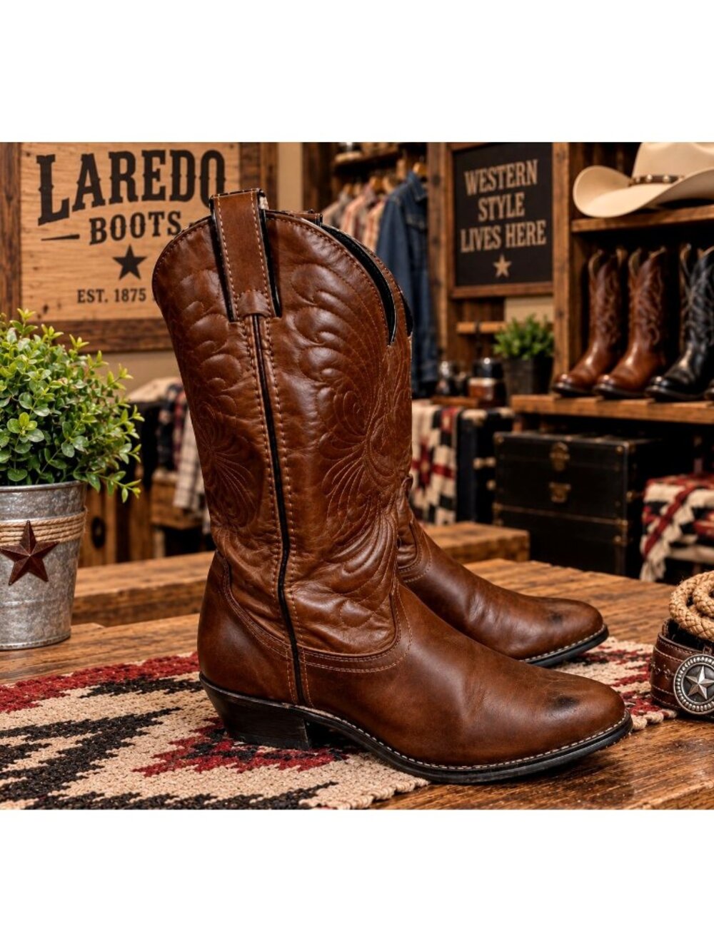 Laredo Women’s Brown Leather Pointed Toe Western Cowgirl Boots Metal Toe Trim 7